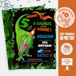T-rex Birthday Invitation Dinosaur themed 5th Birthday Party Invite Five a Saurus Dino invite Jurassic party Editable Instant Download Corjl
