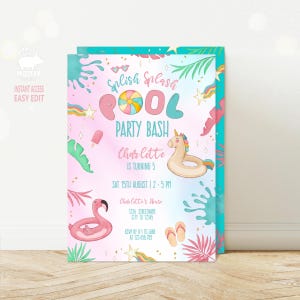 Fête de la piscine licorne, invitation pour 5e anniversaire de fille, invitation de natation d'été magique, piscine à débordement, flotteurs, modèle modifiable Corjl