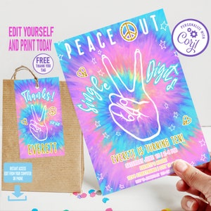 Peace out single digits Hello double Digits birthday invitation girl editable Tie Dye design for 10 year old, instant download Corjl