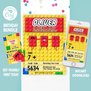 Building blocks invitation Set for Boy Brick party Themed Constructor Birthday Invite Building Bricks Editable Printable DIY Corjl File
