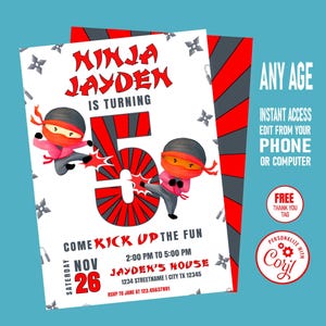Invitation à une fête d'anniversaire pour 5e anniversaire des ninjas avec un design cool de coup de pied de ninja sur le thème d'espionnage de karaté Modèle Corjl à téléchargement imprimable et modifiable