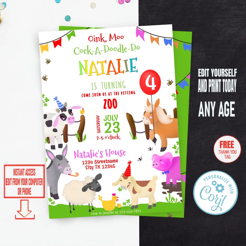 Petting Zoo Birthday Invitation, Farm Animal Birthday Invitation, Cute ...