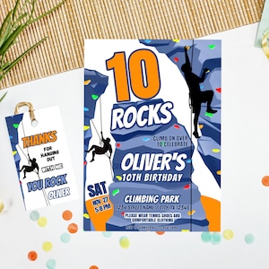 Uitnodiging rotsklimmen, jongens klimmuur verjaardagsuitnodiging, Kids Clip and Climb Party, bewerkbare digitale download, Corjl-sjabloon