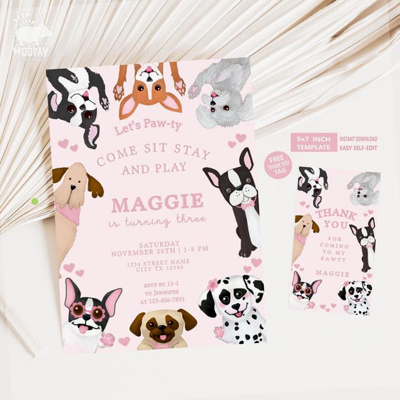 Dog Themed Birthday Invitation Editable Template, Let's Pawty Adopt a Puppy Invite,  Corjl File
