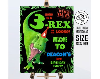 Three Rex Welcome Sign for toddler boy, super cool dinosaur welcome sign, Easy editable template, Instant Download Corjl