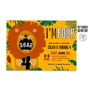 Bewerkbare verjaardagsuitnodiging Roar I'm Four Lion, wilde grote kat vierde verjaardagsuitnodiging, gratis bedanktag incl., 7 x 5 inch directe download Corjl