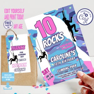 Rock Climbing Birthday Invitation girl, Any Age, Sport Theme Party Invite, Editable Corjl Template