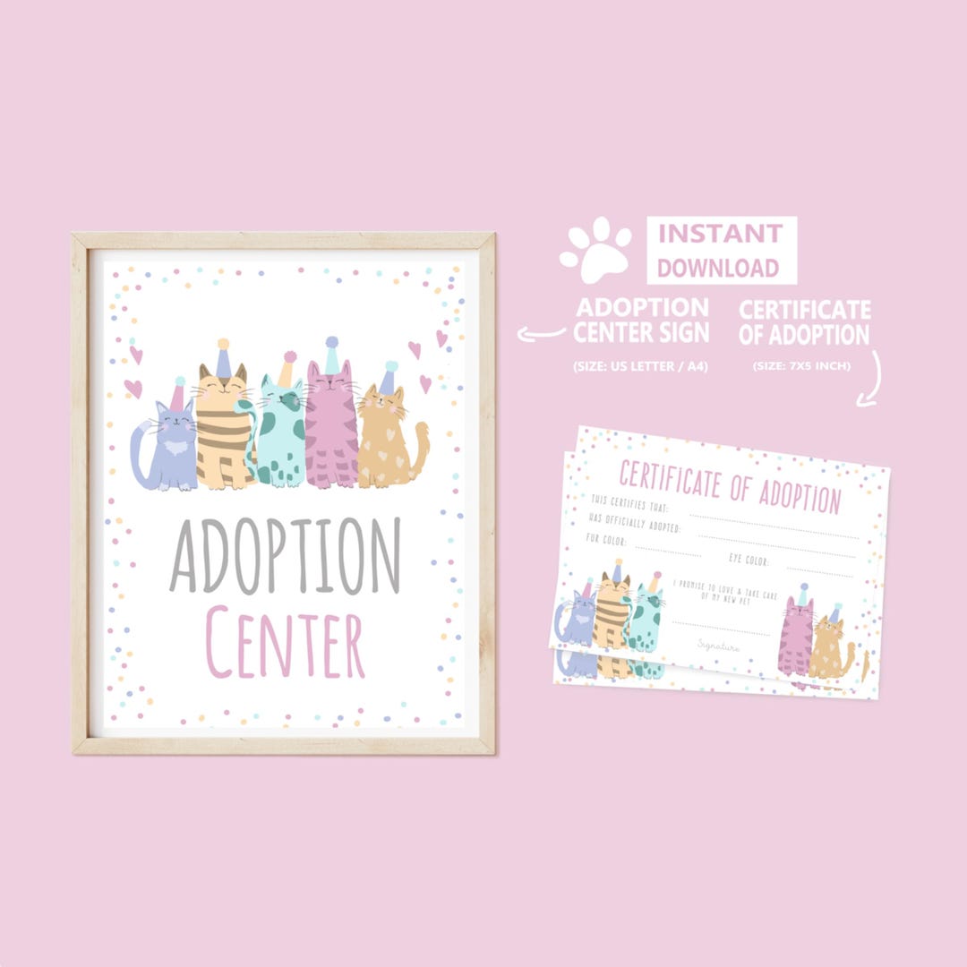 Adopt a Kitten Sign and Certificate Kitty Station Adoption Center Sign ...