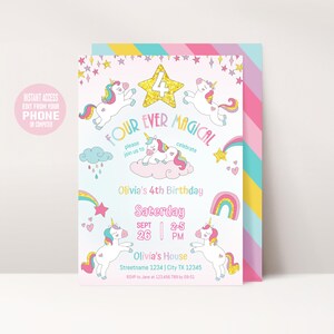 Vier ooit magische eenhoorns verjaardagsuitnodiging voor meisje, uitnodiging voor 4e verjaardagsfeestje, gratis bedanktag inbegrepen, directe download Corjl