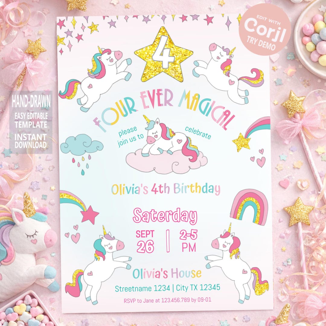 Unicorn 4th Birthday Invitation for Girl, Four Ever Magical Invite ...