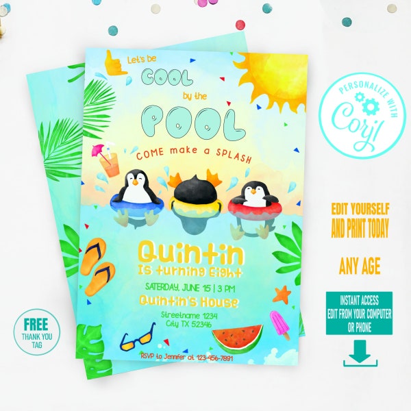 Pool Party Invitation instant download, Swimming birthday party invitation, Funny Penguin themed Summer invite, Editable with Corjl