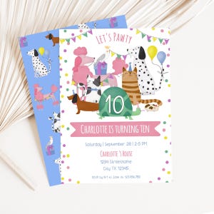 L'anniversaire de Pawty invite les chats et les chiens avec un oiseau, une tortue, un chaton et un chiot, des fêtards modifiables en téléchargement immédiat Corjl