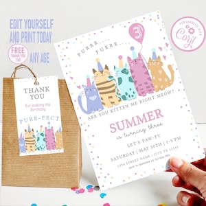 Cat birthday invitation, Lets pawty kitten invite,  printable template, hand-drawn, Instant Download Corjl