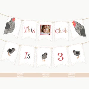 Op de afbeelding: Een wit en rood spandoek met zwart-witte kippen en de tekst "This Chick Is 3". Het spandoek is versierd met kleine rode stippen. Het spandoek is 5x7 inch.