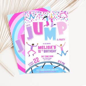 Trampolinepark verjaardagsuitnodiging bewerkbare jump-feestuitnodiging met handgetekende springfiguren - naïeve stijl - aangepast digitaal Corjl-bestand DIY