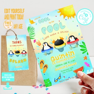 Birthday Pool Party Invitation Boy, Swimming party invitation, Funny Penguin themed Summer invite, Free thank you tag, editable with Corjl