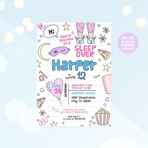 Bewerkbare uitnodiging voor logeerpartijtje met leuke doodle kunst, uitnodiging voor feest tween Girls pyjama, sjabloon smartphone-formaat incl., direct downloaden