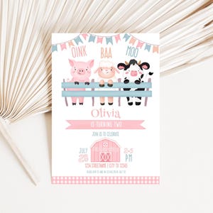 Editable Oink Baa Moo im Two Invitation, Pink Farmyard Invite 5x7", Instant Download Corjl