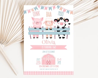 Editable Oink Baa Moo im Two Invitation, Pink Farmyard Invite 5x7", Instant Download Corjl