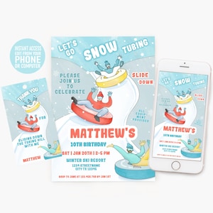 Invitación editable para fiesta de cumpleaños de tubing en la nieve para niños Invitación para deportes de invierno en pistas secas Estilo vintage Plantilla Corjl personalizada para imprimir al instante