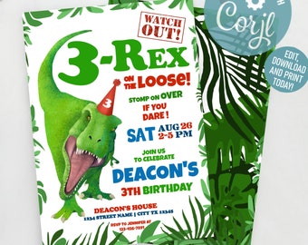 Three rex invitation, 3 rex birthday invite, dinosaur third birthday invitation , printable template corjl