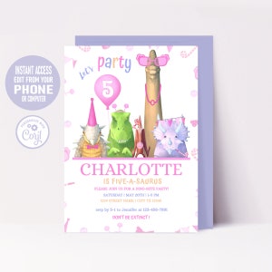 Roze dinosaurusuitnodiging voor meisje bewerkbare Dino Party Instant Digitale Download T-rex invite aanpasbaar met alle leeftijden, bewerkbaar Corjl-bestand