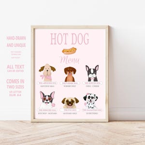 Hot Dog Menü Zeichen für Welpen Party druckbare Geburtstag Food Station Decor Adopt a Puppy Party Printables 2 Größen Instant Corjl Download