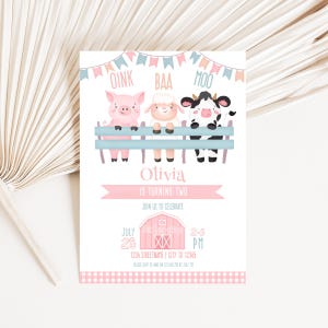 Bewerkbare Oink Baa Moo im Two-uitnodigingset voor meisje, roze boerenerfuitnodiging 5 x 7 inch + bedankkaartje en telefoonsjabloon, Instant Download Corjl