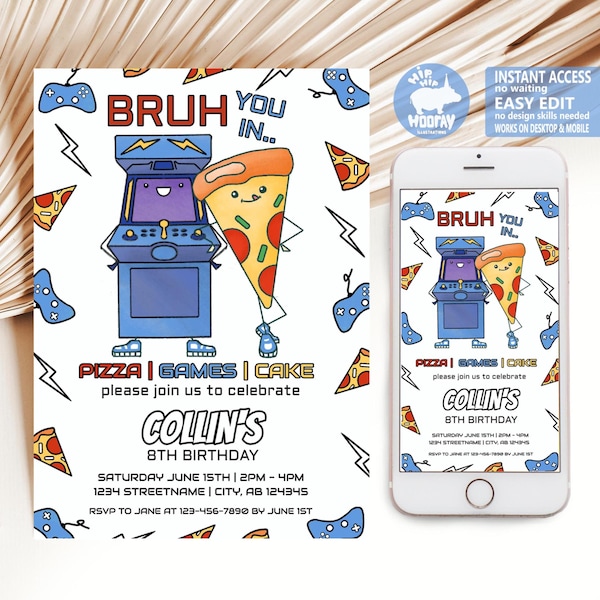 Bruh You In Arcade Party Invitation Pizza and Gaming Party Invite Fun Cartoon Style Boy Gamer Invite Video Game Level Up Editable Corjl File