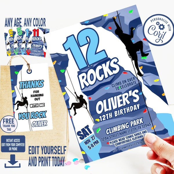 Rock climbing invitation, Rock climbing birthday invite, Boys indoor climb party, Editable with all ages and colors, Instant Download Corjl