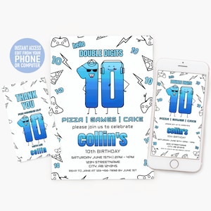 Paquete de invitaciones de cumpleaños de dos dígitos para niños de diez años, invitación para fiesta de cumpleaños número 10, juegos de pizza y pastel, plantilla Corjl editable