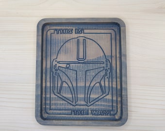 Mandalorian Wooden Valet Tray, Star Wars Fan Gift for Him, Catchall Key Nightstand Tray, Fandom Groomsmen Geek Gift