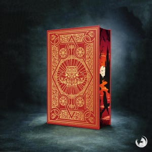 May include: A red book with gold ornate designs on the cover. The cover features a central hexagon with a detailed emblem. The spine displays a dark illustration with a castle, moon, and raven. The book is set against a dark background.