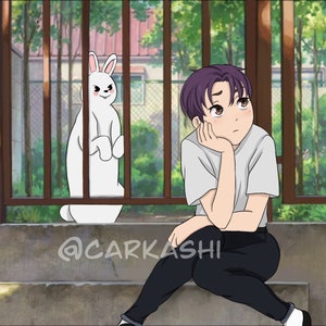 Puede incluir: Una ilustración de estilo anime de una persona joven con cabello morado sentada en un tramo de escaleras, mirando hacia arriba y hacia la derecha. Un conejo blanco está detrás de una valla a la izquierda de la persona. El texto "@carkashi" está en las escaleras.