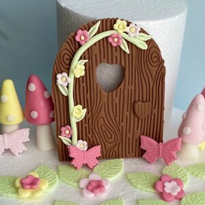 Fondant Fairy Garden Cake Toppers set for birthday cake - Fondant door, toadstools and flowers decoration