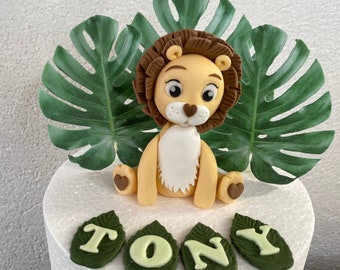 Décoration de gâteau Lion - bébé lion - feuilles tropicales - gâteau d'anniversaire - baby shower - animaux de safari - animaux de la jungle - décorations de gâteau safari