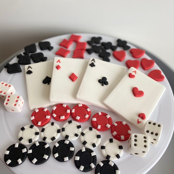 Fondant Poker Karten - Kasino Cake Topper - Handgemachter Kuchen Topper - Fondant Poker Chips - Kasino-Thema Geburtstagsparty