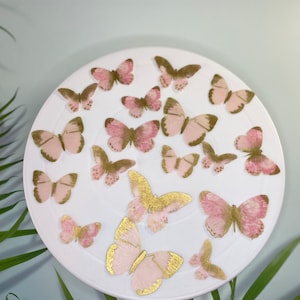Mariposas precortadas comestibles en oblea - Mariposa rosa - Mariposas doradas - Pintadas a mano - Decoraciones para pasteles y cupcakes