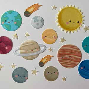 Pre-cut edible planets and stars - Space birthday cake decorations - wafer paper cake topper - space theme cake decorating