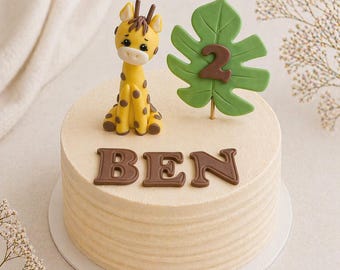 Adorno para tarta de jirafa de fondant hecho a mano – Animales de la selva de safari, tema de cumpleaños