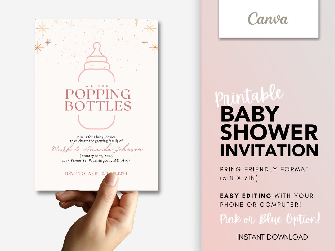 Modern Printable Popping Bottles Invite, Baby Shower Invitation Canva