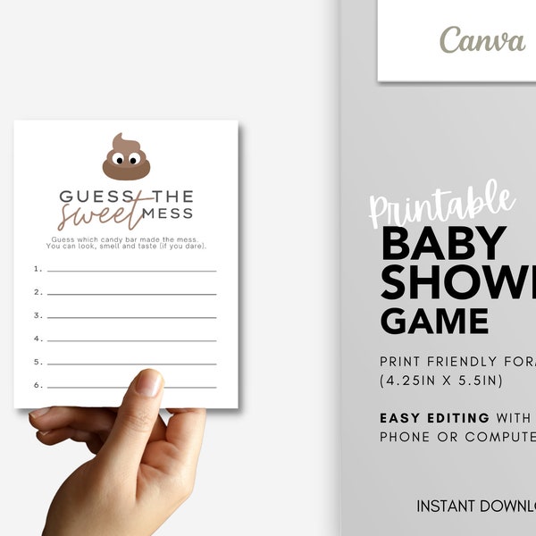 Baby Shower Game, Guess the Sweet Mess, Instant Download, Cute Poop Emoji - PRINTABLE CANVA TEMPLATE