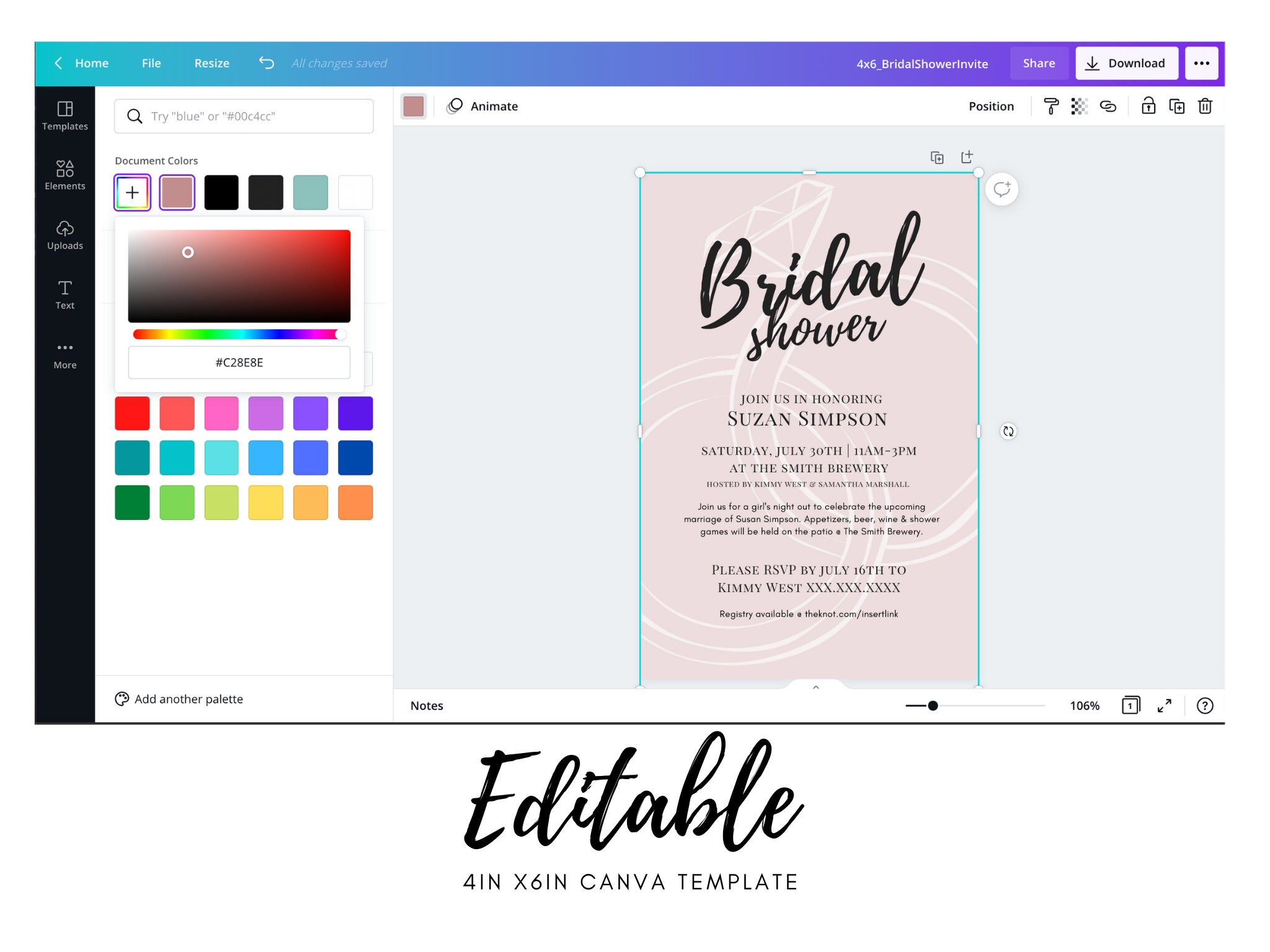 4X6 Bridal Shower Invitation CANVA TEMPLATE Instant Etsy