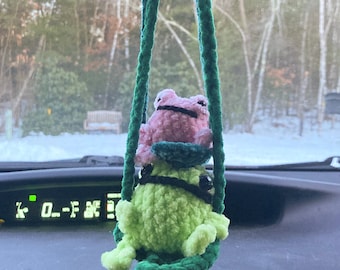 Crochet Frog on a Swing Plush: Custom Car or Desk Buddy