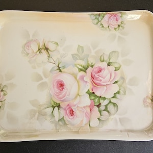 Vintage Porcelain Vanity Tray – Pink Rose Floral Decor, Cottagecore Bathroom or Dresser Catchall