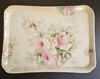Vintage Porcelain Vanity Tray – Pink Rose Floral Decor, Cottagecore Bathroom or Dresser Catchall