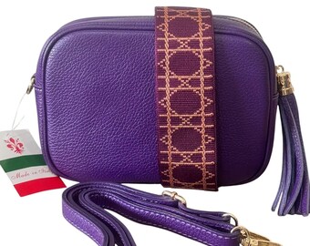 Purple Leather Bag with Embroidered Strap, Tassel Detail (Made in Italy)