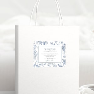 VICTORIA Regency Blue French Garden Bolsa de boas-vindas Dusty Blue Chinoiserie Bolsa de boas-vindas para casamento Francês Toile Bridgeton modelo de etiqueta de boas-vindas