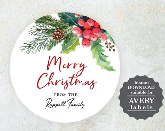 Kerst ronde sticker of tag, cadeauverpakking, afdrukbare, bewerkbare instant download, digitale download, sjabloon Grootte 3 x 3 &quot;, 2 x 2&quot;