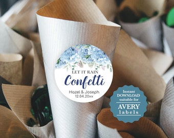 SINI Blue Hydrangea Confetti sticker or tag, square tag, editable digital instant download, template